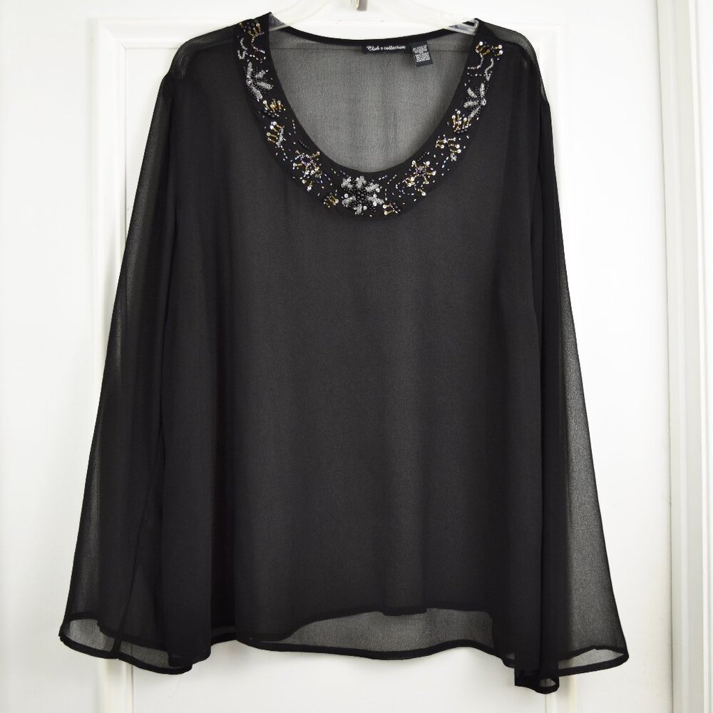 Club Z Collection Sheer Blouse Women 2X Embellished Sequin Beaded Neck Tunic Blk